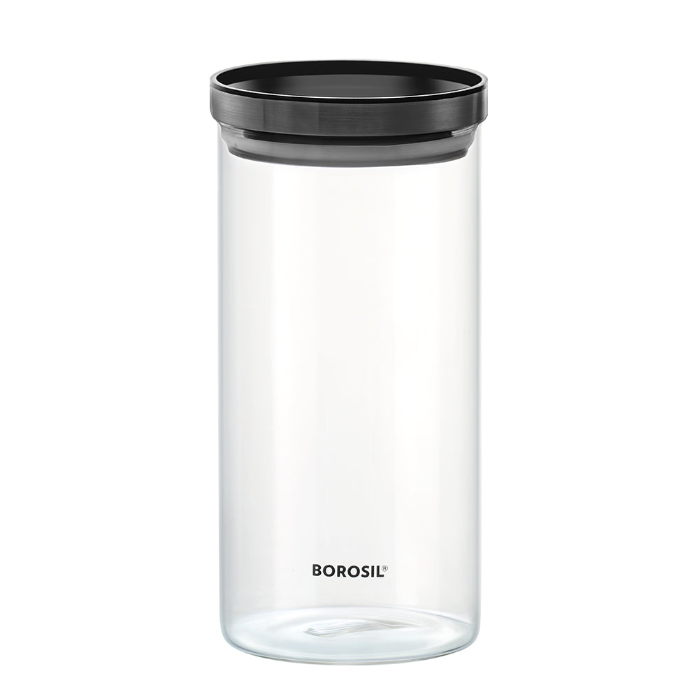 Borosil Stack n Store Classic Jar with Black PP Lid , 1.2 L