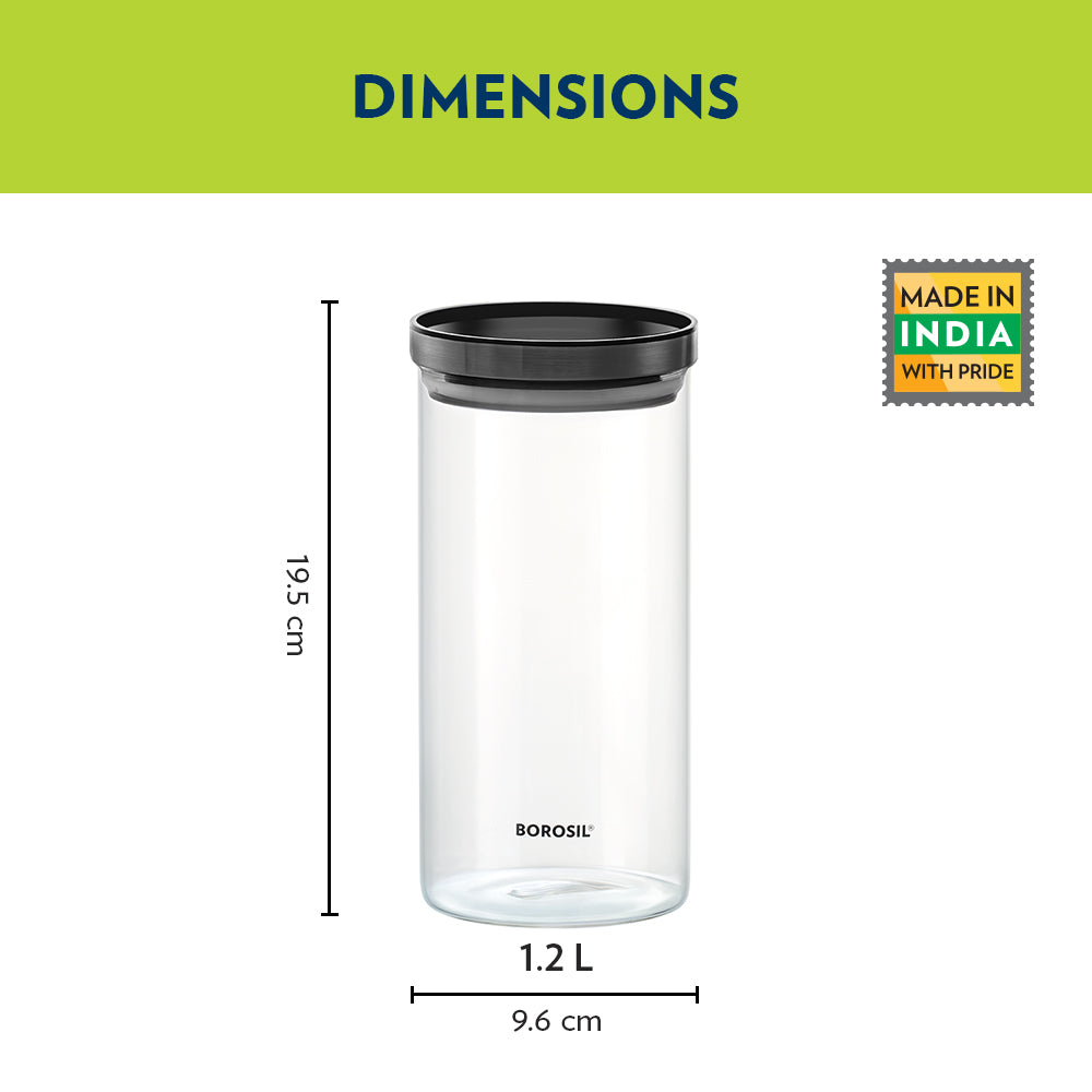 Borosil Stack n Store Classic Jar with Black PP Lid , 1.2 L