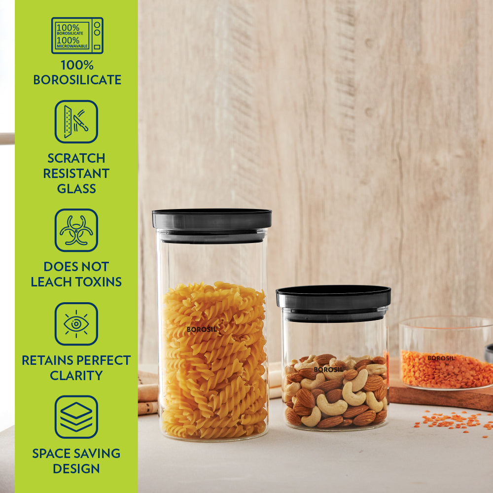 Borosil Stack n Store Classic Jar with Black PP Lid , 1.2 L
