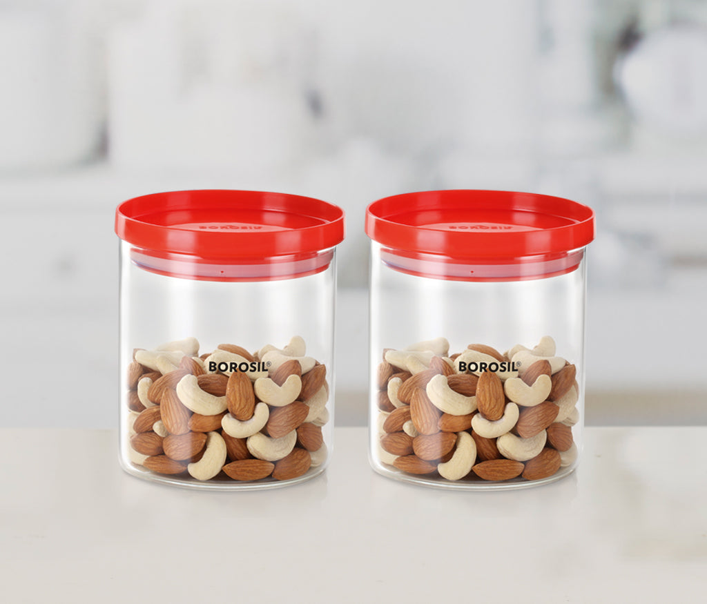 Borosil Stack and Store Classic Glass Jar with Red PP Lid