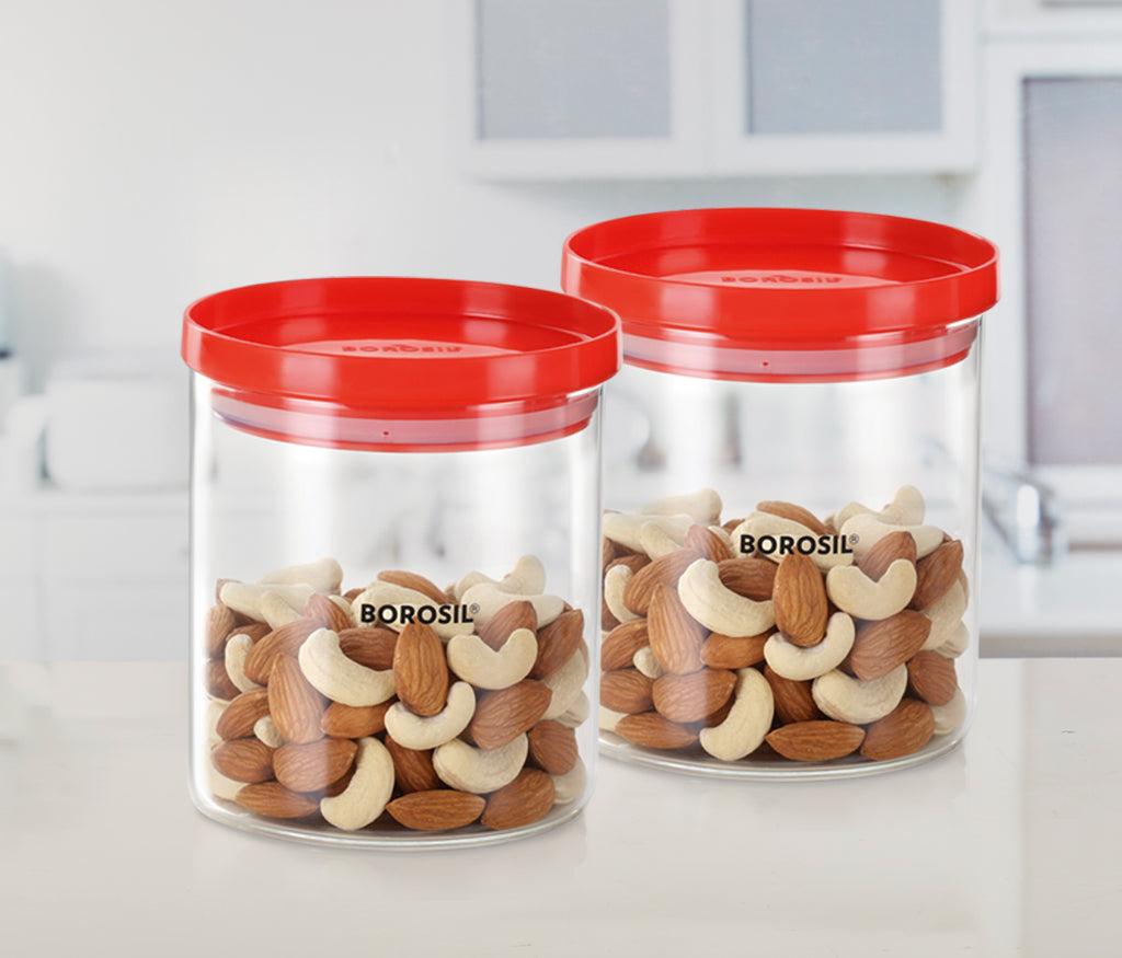 Borosil Stack and Store Classic Glass Jar with Red PP Lid