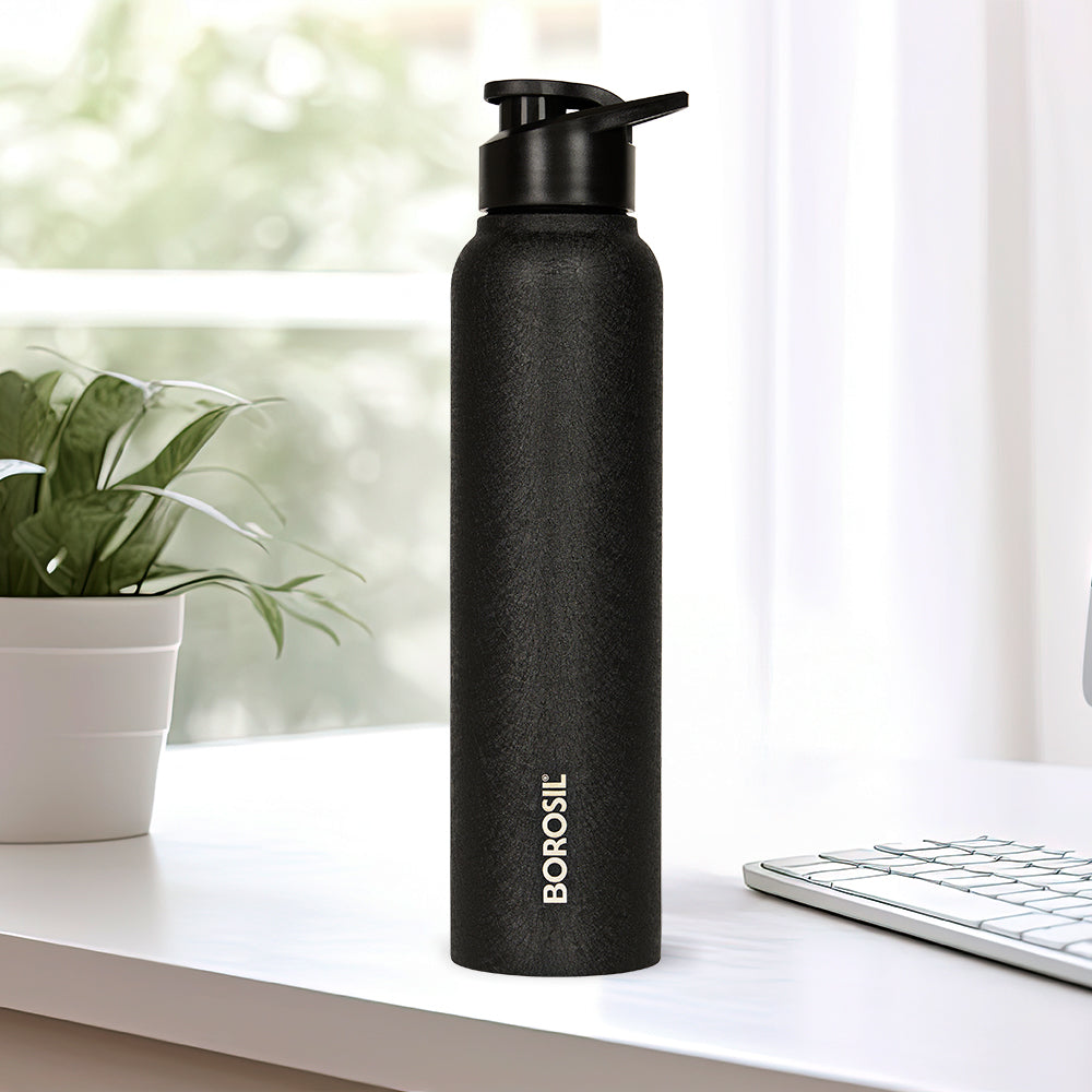 Borosil Cosmo SS Single Wall Bottle, Black, 1 L