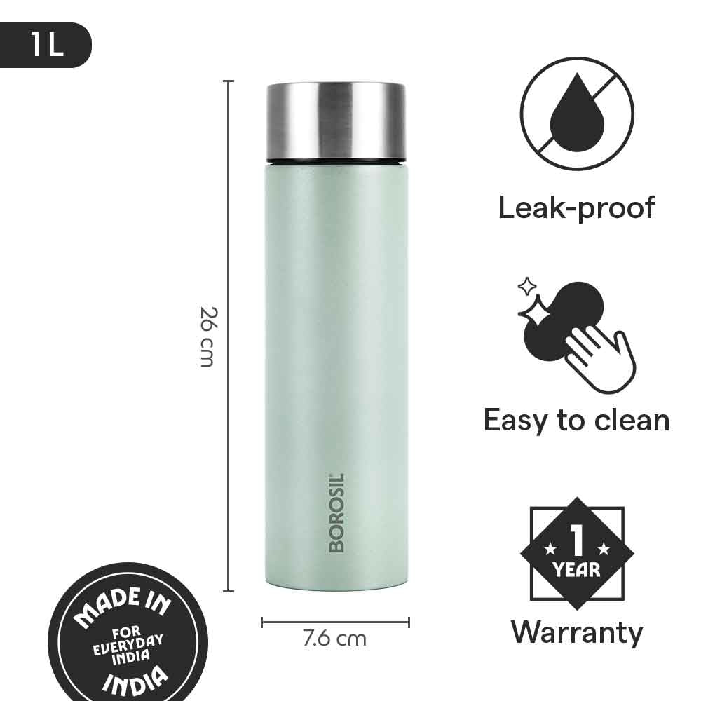 Borosil CoolSip SS Single Wall Bottle, Mint, 1 L