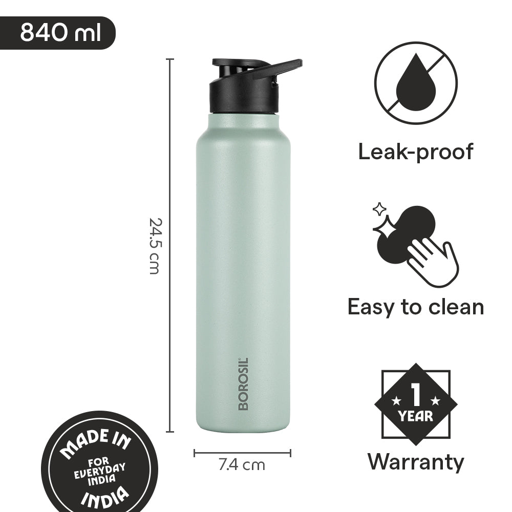 Borosil SipFresh SS Single Wall Bottle, Mint, 840 ml
