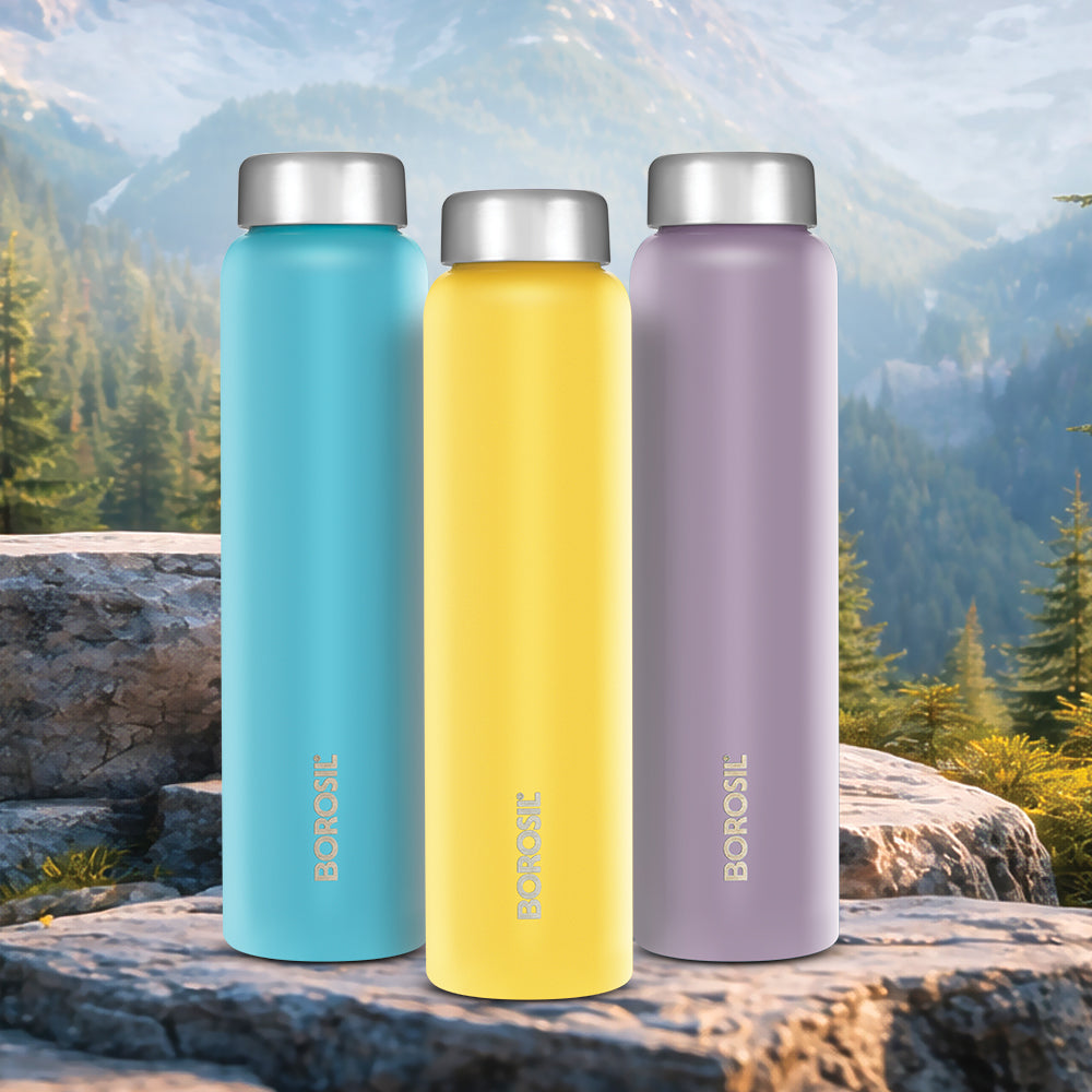Apex Single Wall Water Bottle Set in Teal Blue, Yellow, and Lavender