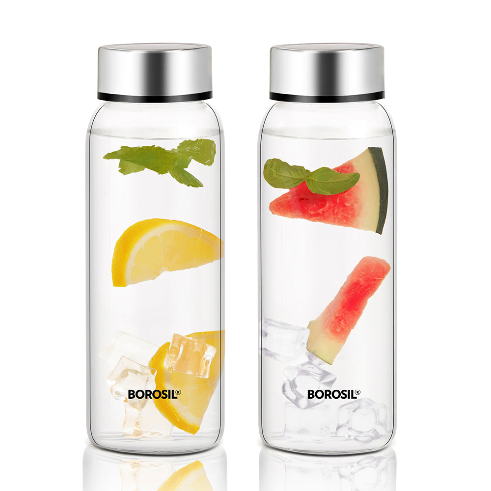 Borosil Crysto Wide Mouth Glass Water Bottle with Stainless Steel Lid, 750ml - Set of 2