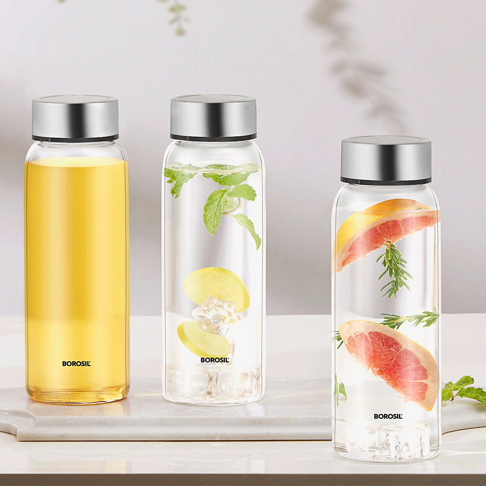Borosil Crysto Wide Mouth Glass Water Bottle with Stainless Steel Lid, 750ml - Set of 3