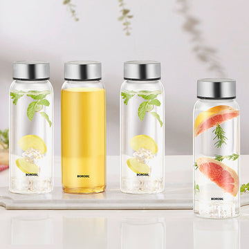 Borosil Crysto Wide Mouth Glass Water Bottle with Stainless Steel Lid, 750ml - Set of 4