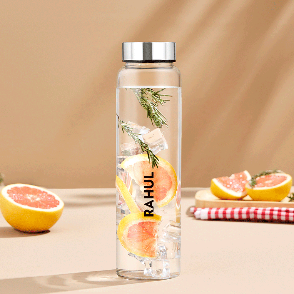 Borosil Crysto Glass Bottle w SS Lid, Personalise, 1L