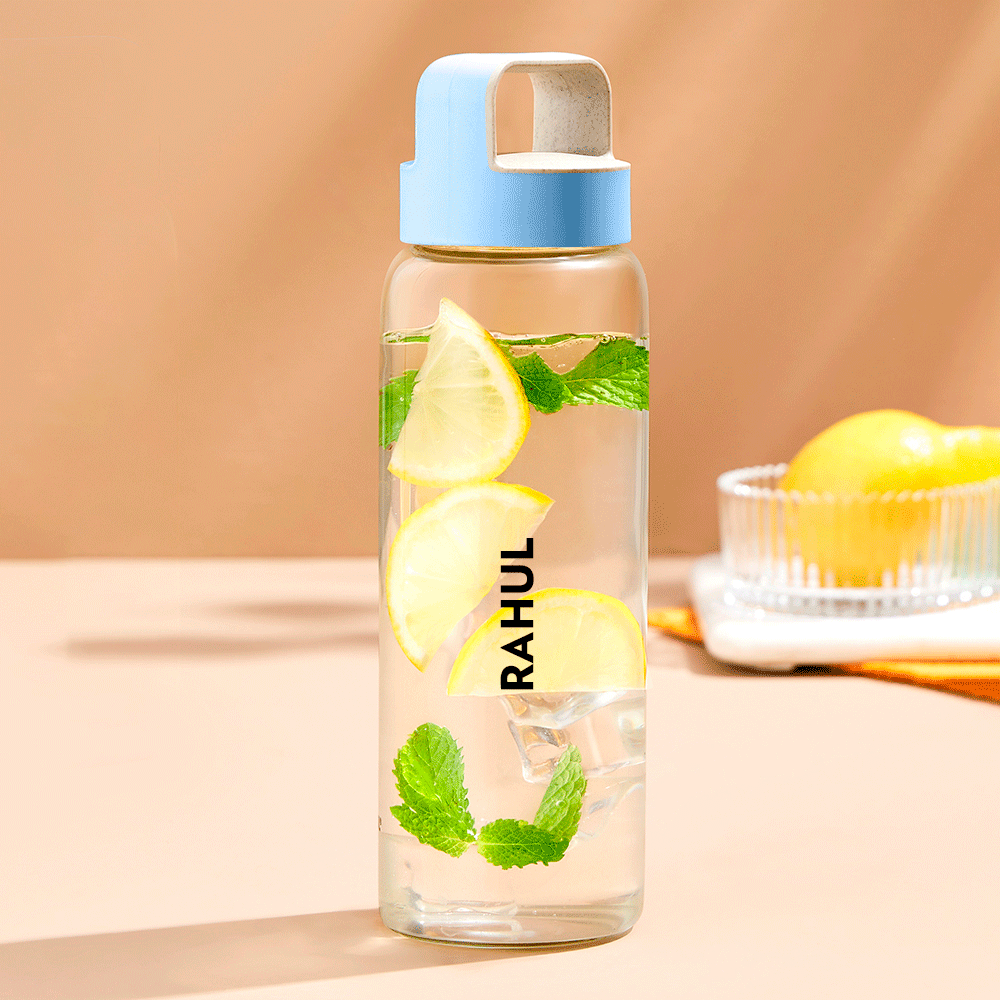 Borosil Crysto Glass Bottle w Blue Lid-Personalise, 750ml