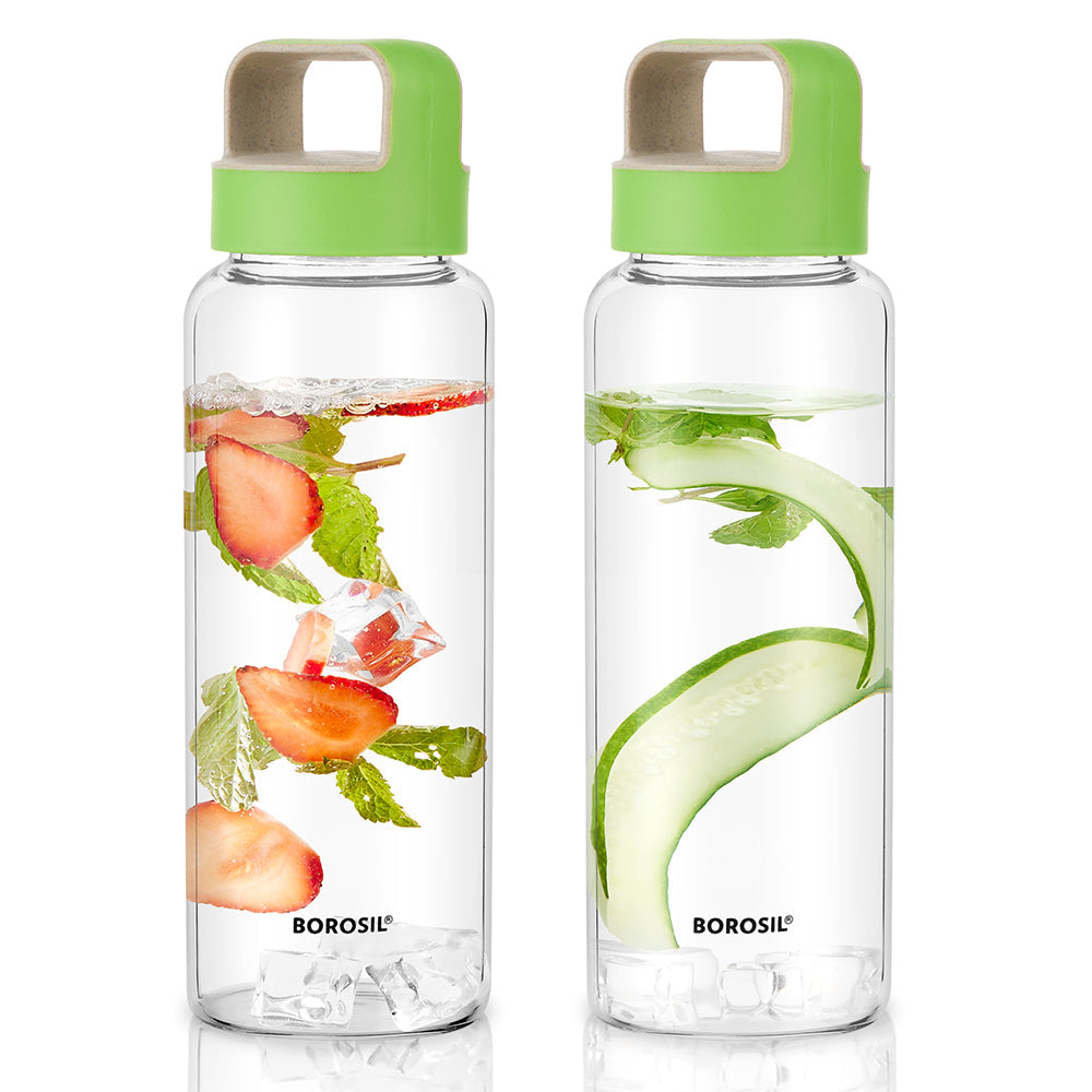 Borosil Crysto Wide Mouth Glass Water Bottle with Green Lid, 750ml - Set of 2