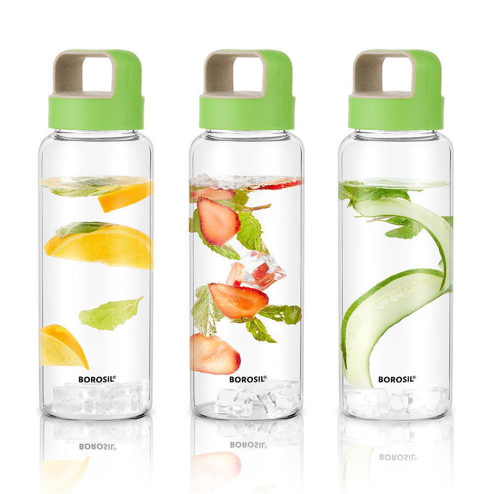 Borosil Crysto Wide Mouth Glass Water Bottle with Green Lid, 750ml - Set of 3