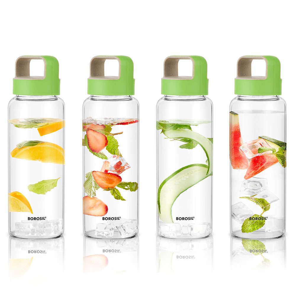 Borosil Crysto Wide Mouth Glass Water Bottle with Green Lid, 750ml - Set of 4