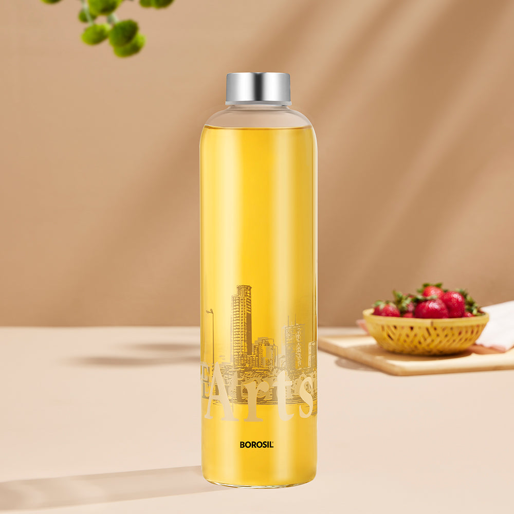 Roma Glass Bottle w Narrow Mouth, Silver Lid, 1L