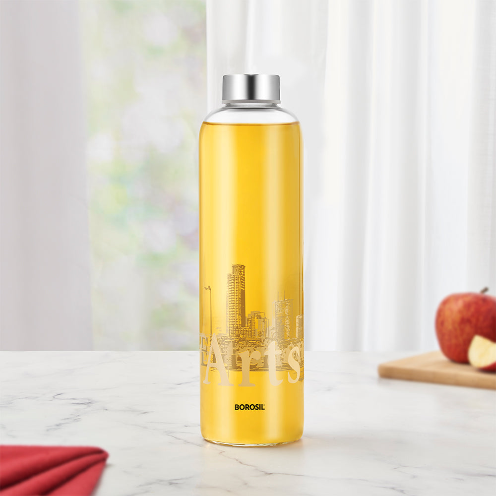Roma Glass Bottle w Narrow Mouth, Silver Lid, 1L