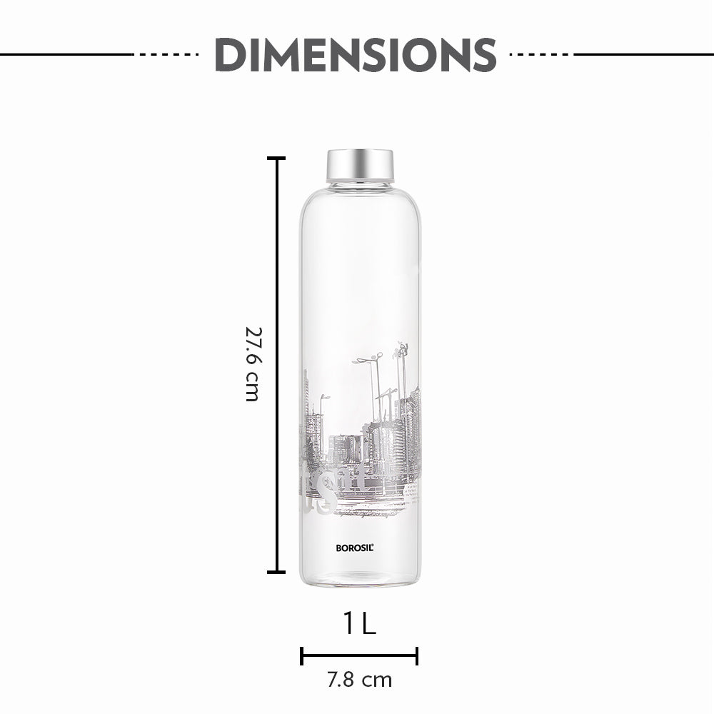 Roma Glass Bottle w Narrow Mouth, Silver Lid, 1L