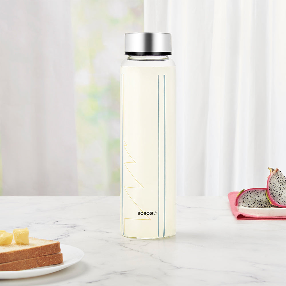 Sintra Glass Bottle w Wide Mouth, Silver Lid, 1L