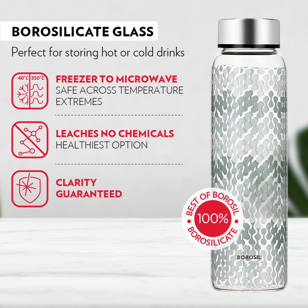 Borosil Vista Glass Bottle with Silver Lid , 1 L