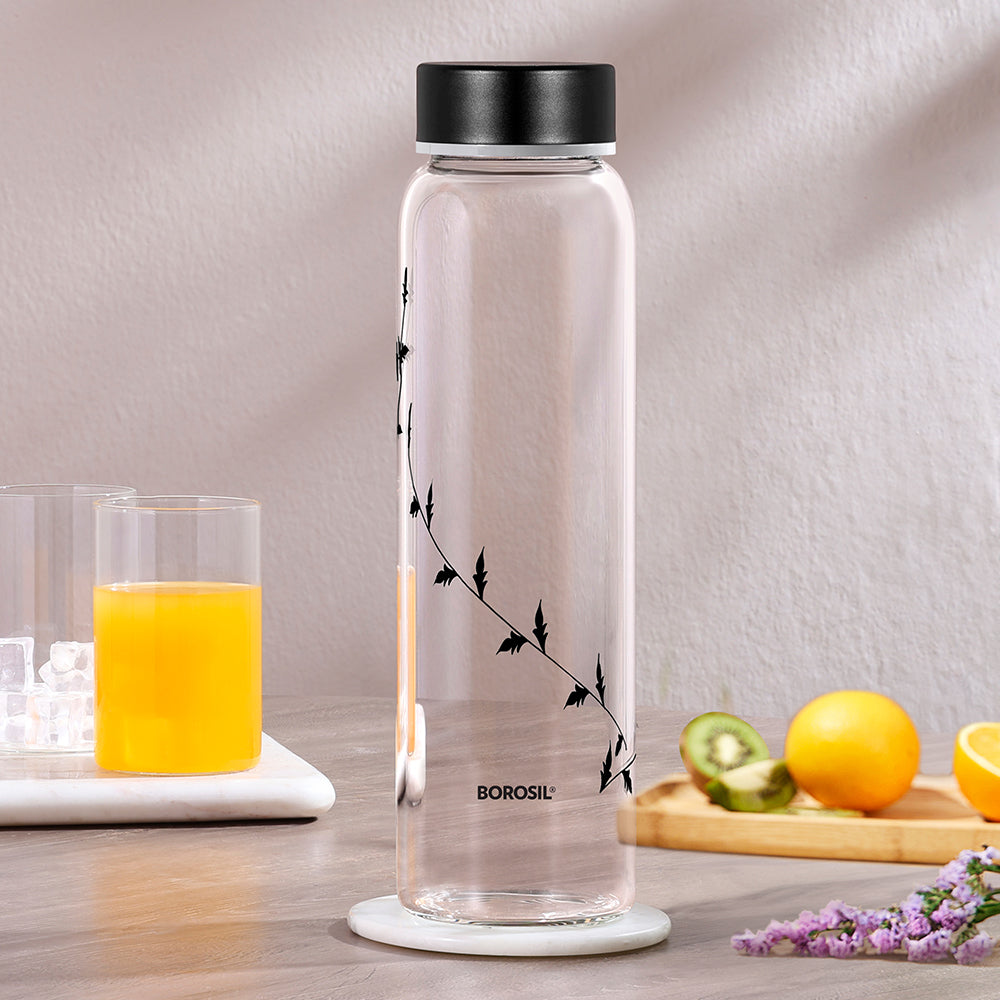 Crysto Glass Bottle w SS Lid-Krip Black, 1L