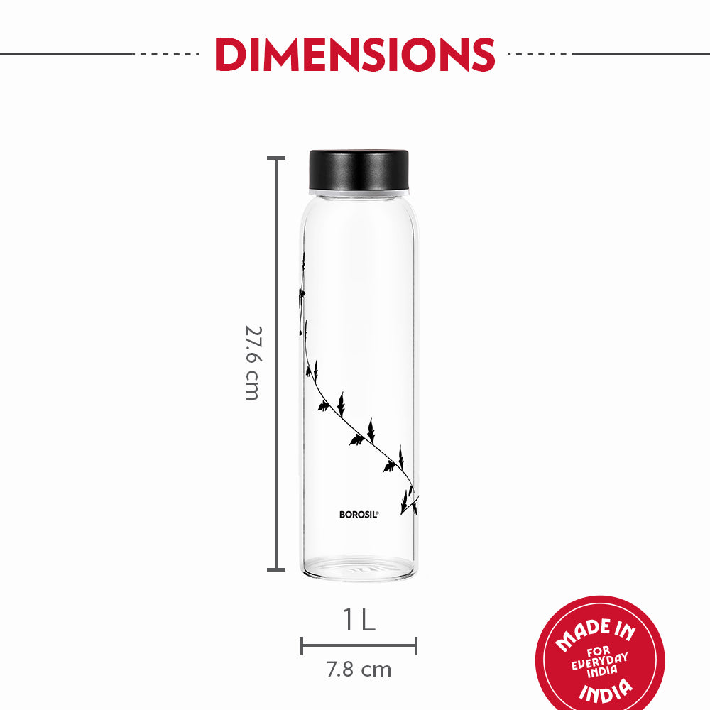 Crysto Glass Bottle w SS Lid-Krip Black, 1L