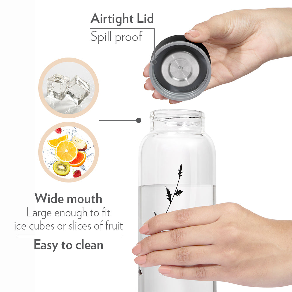 Crysto Glass Bottle w SS Lid-Krip Black, 1L