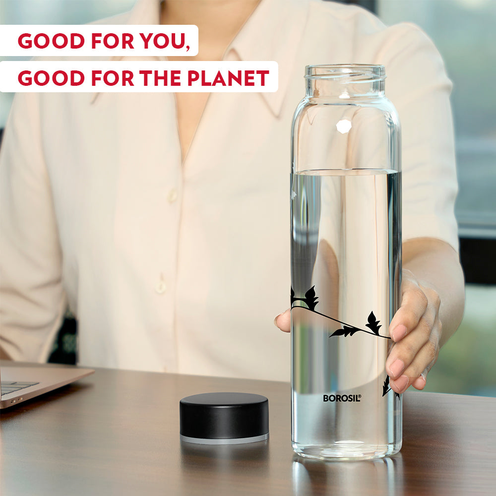 Crysto Glass Bottle w SS Lid-Krip Black, 1L