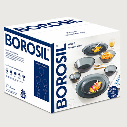 Borosil Aura Glass Dinner Set, Grey, 27 pc