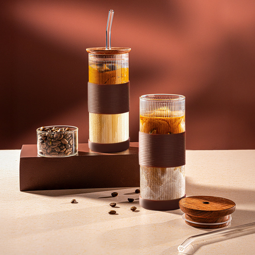 Borosil Fluted Glass Punch Glasses – Set of 2, Wooden Lid, Glass Straw, Brown Silicone-Grip