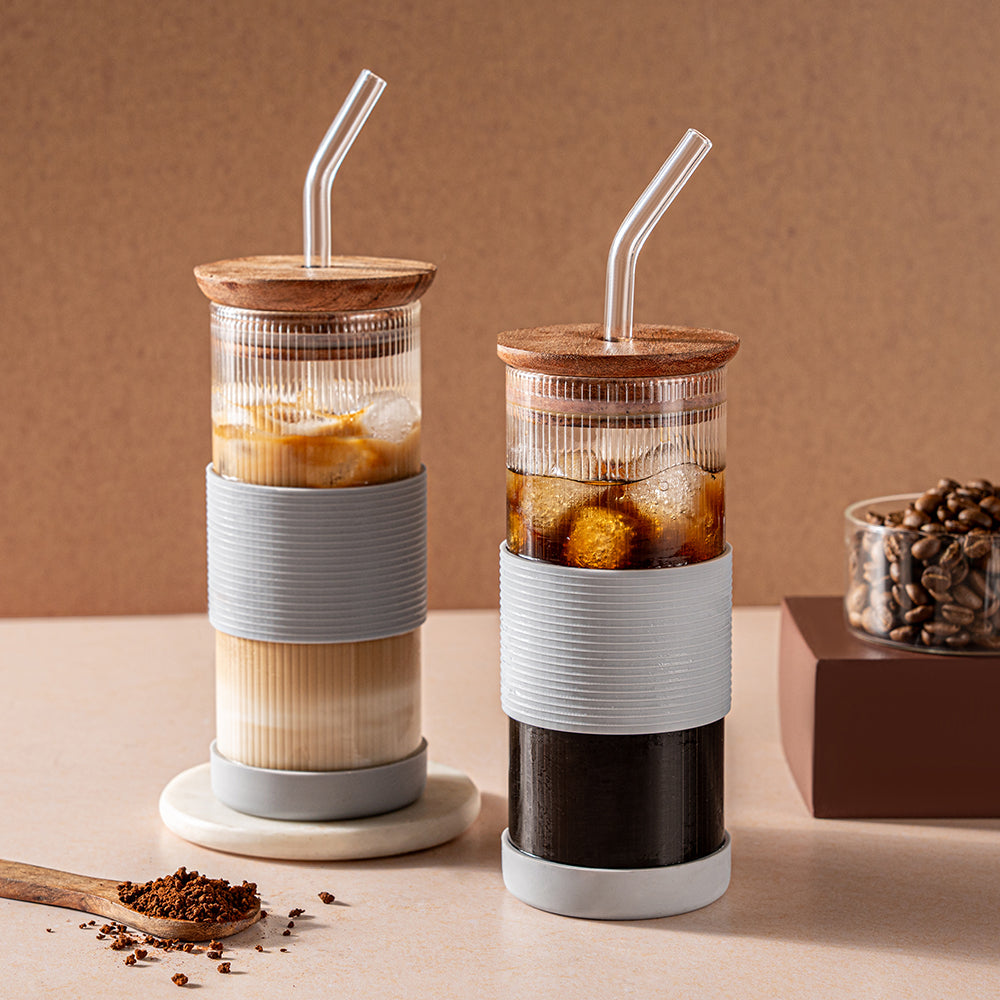 Borosil Fluted Glass Punch Glasses – Set of 2, Wooden Lid, Glass Straw, Grey Silicone-Grip