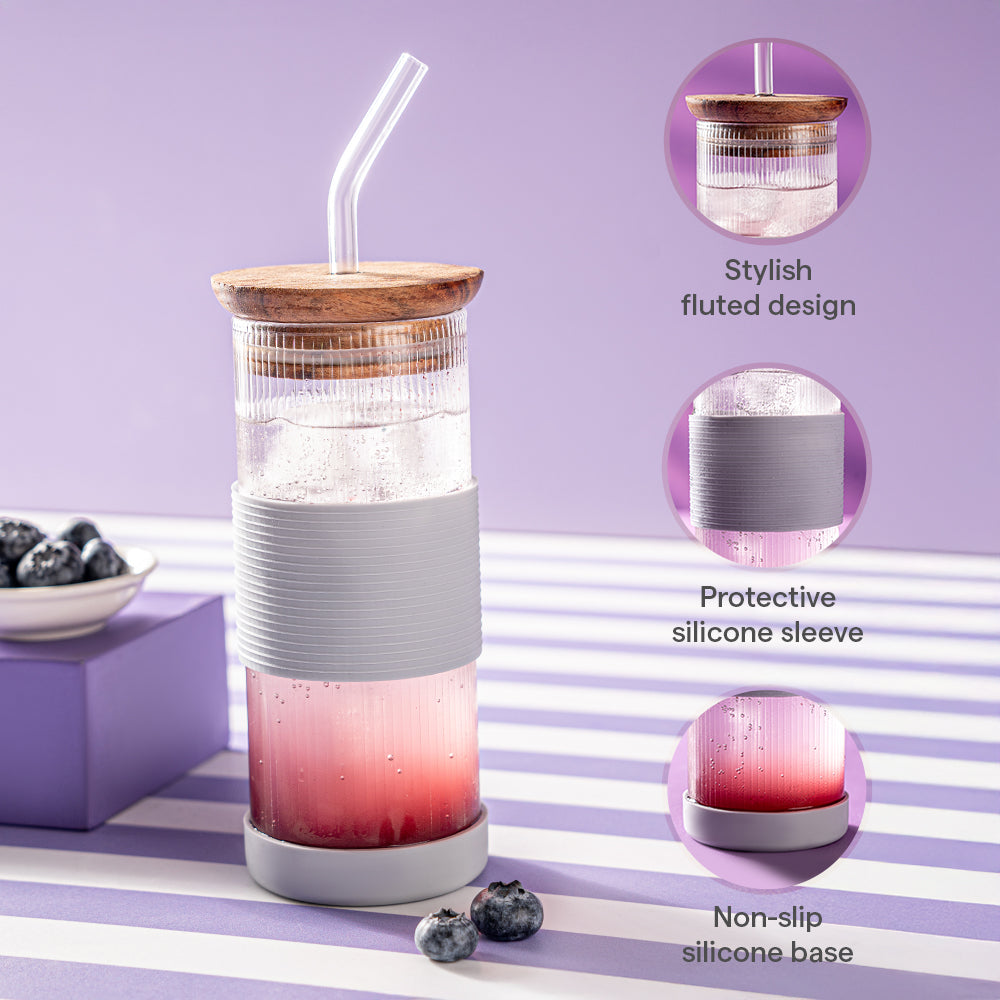 Borosil Fluted Glass Punch Glasses – Set of 2, Wooden Lid, Glass Straw, Grey Silicone-Grip