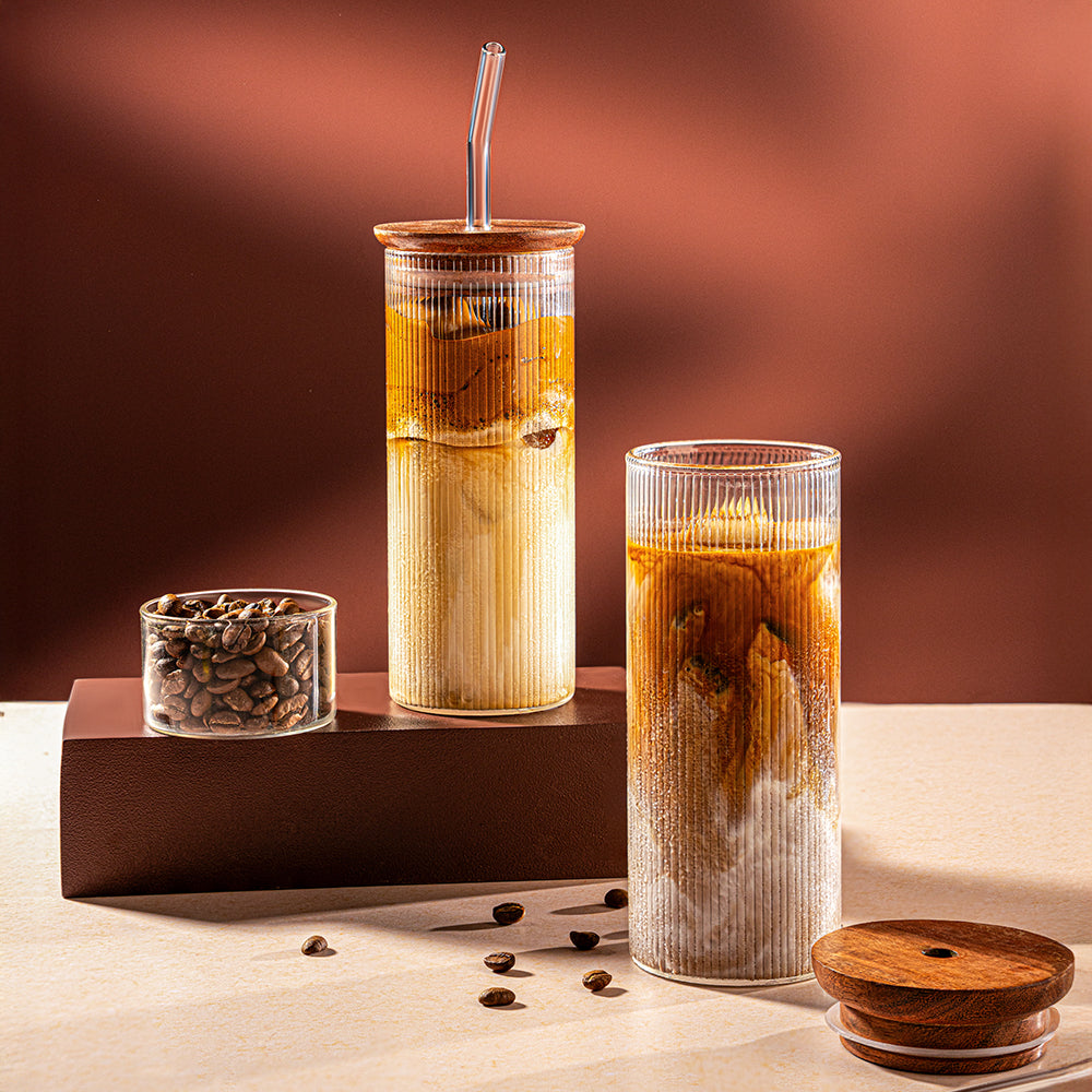 Borosil Fluted Punch Glasses w Wooden Lid and Glass Straw, Set of 2
