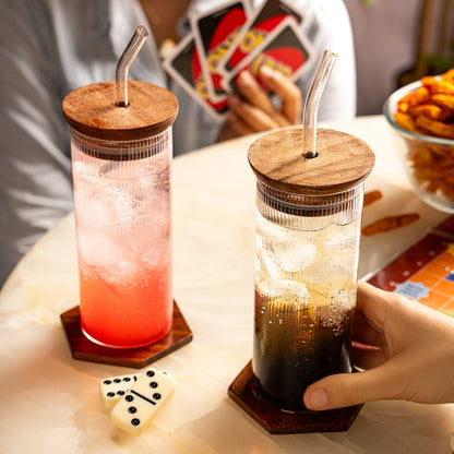 Borosil Fluted Punch Glasses w Wooden Lid and Glass Straw