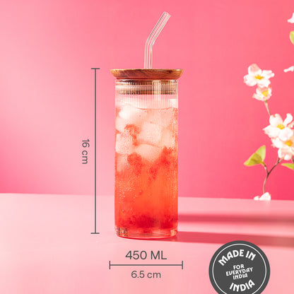 Borosil Fluted Punch Glasses w Wooden Lid and Glass Straw