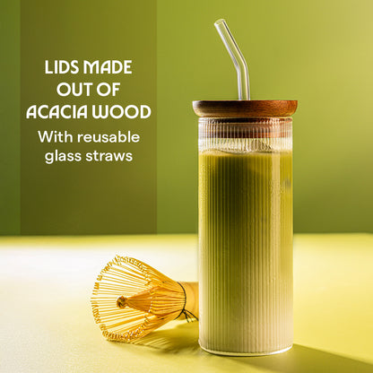 Borosil Fluted Punch Glasses w Wooden Lid and Glass Straw