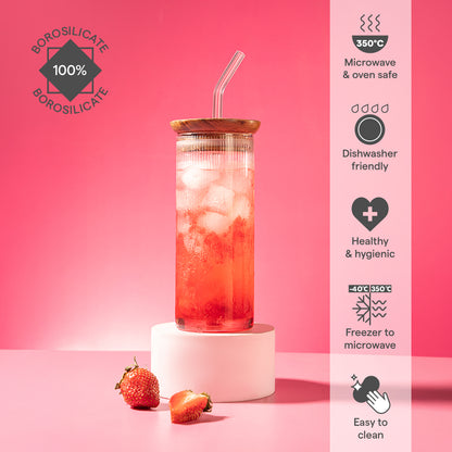 Borosil Fluted Punch Glasses w Wooden Lid and Glass Straw