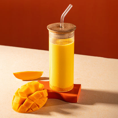 Borosil Fluted Punch Glasses w Wooden Lid and Glass Straw