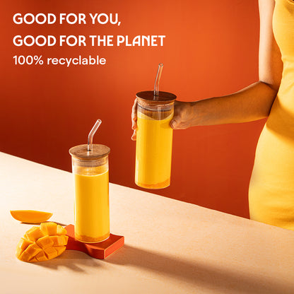 Borosil Fluted Punch Glasses w Wooden Lid and Glass Straw