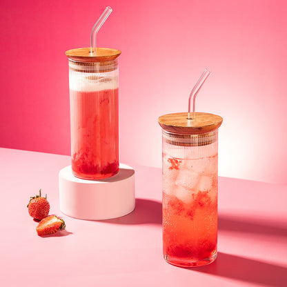 Borosil Fluted Punch Glasses w Wooden Lid and Glass Straw