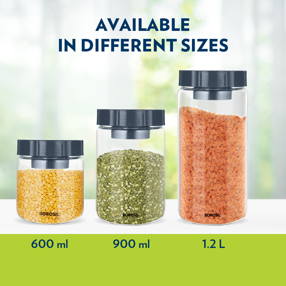 Borosil Endura Easyscoop Airtight Glass Jar with PP Lid Gray , 1.2 L