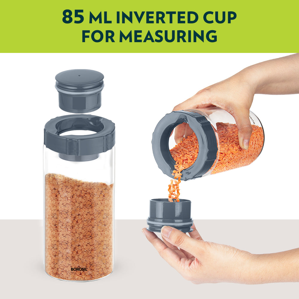 Borosil Endura Easyscoop Airtight Glass Jar with PP Lid Gray , 1.2 L