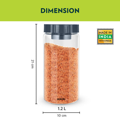 Borosil Endura Easyscoop Airtight Glass Jar with PP Lid Gray , 1.2 L