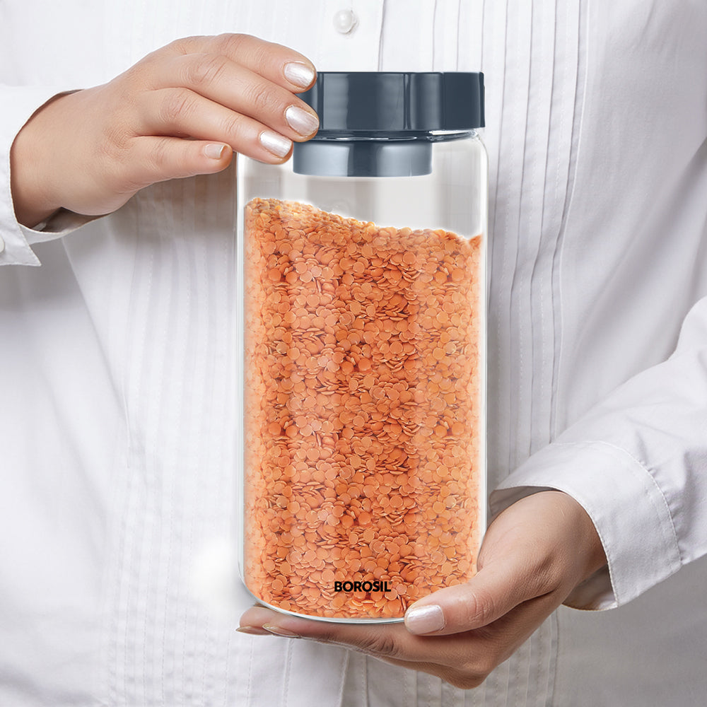 Borosil Endura Easyscoop Airtight Glass Jar with PP Lid Gray , 1.2 L