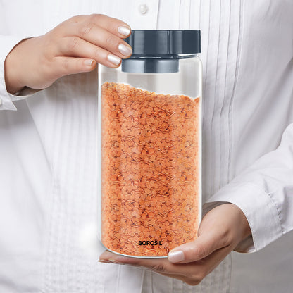 Borosil Endura Easyscoop Airtight Glass Jar with PP Lid Gray , 1.2 L
