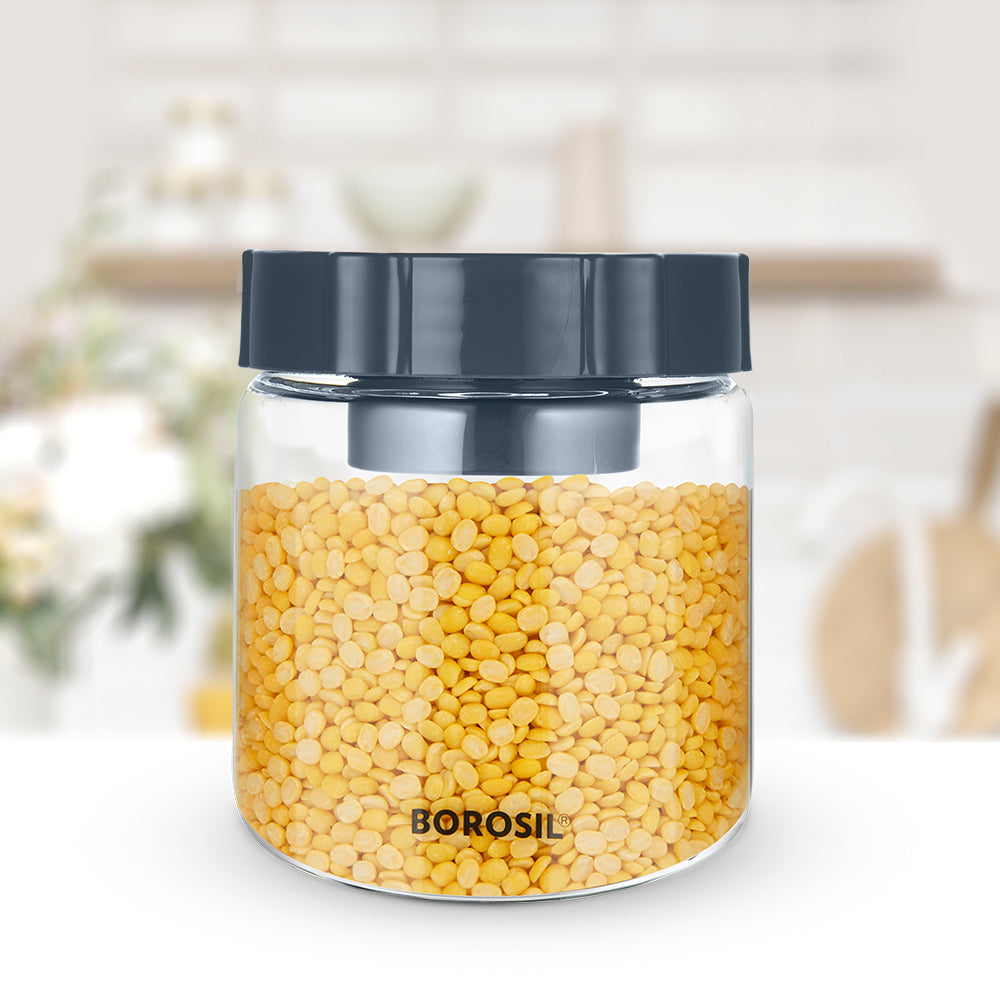 Borosil Endura Easyscoop Airtight Glass Jar with PP Lid Gray , 600 Ml
