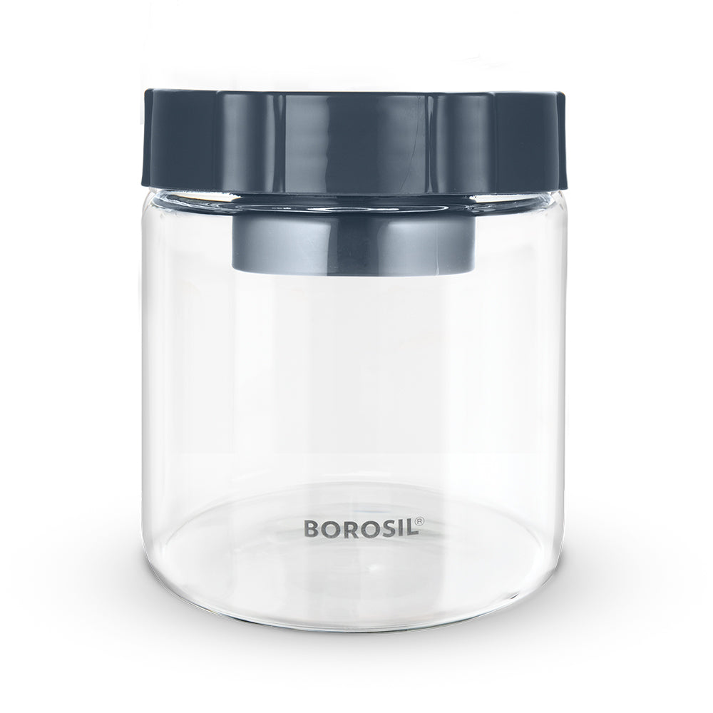 Borosil Endura Easyscoop Airtight Glass Jar with PP Lid Gray , 600 Ml