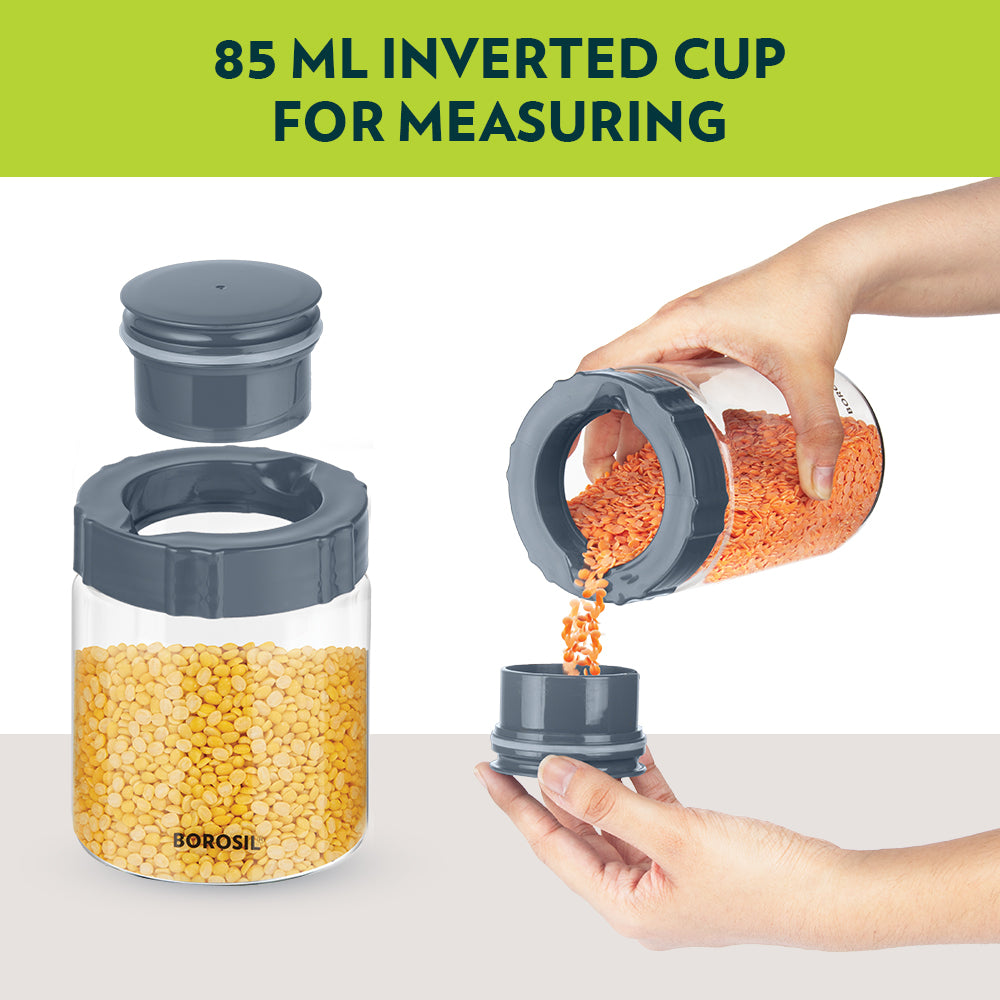 Borosil Endura Easyscoop Airtight Glass Jar with PP Lid Gray , 600 Ml