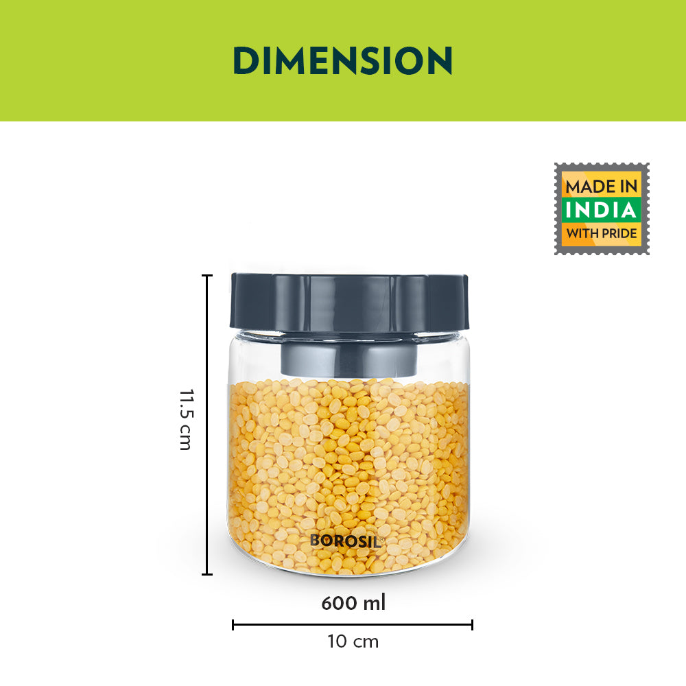 Borosil Endura Easyscoop Airtight Glass Jar with PP Lid Gray , 600 Ml