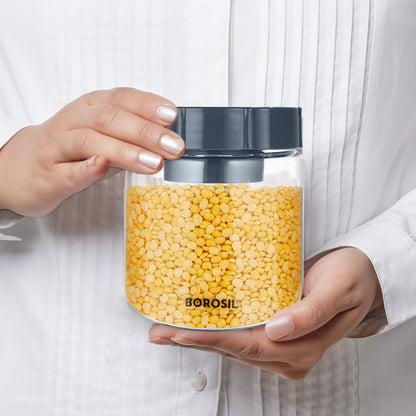 Borosil Endura Easyscoop Airtight Glass Jar with PP Lid Gray , 600 Ml