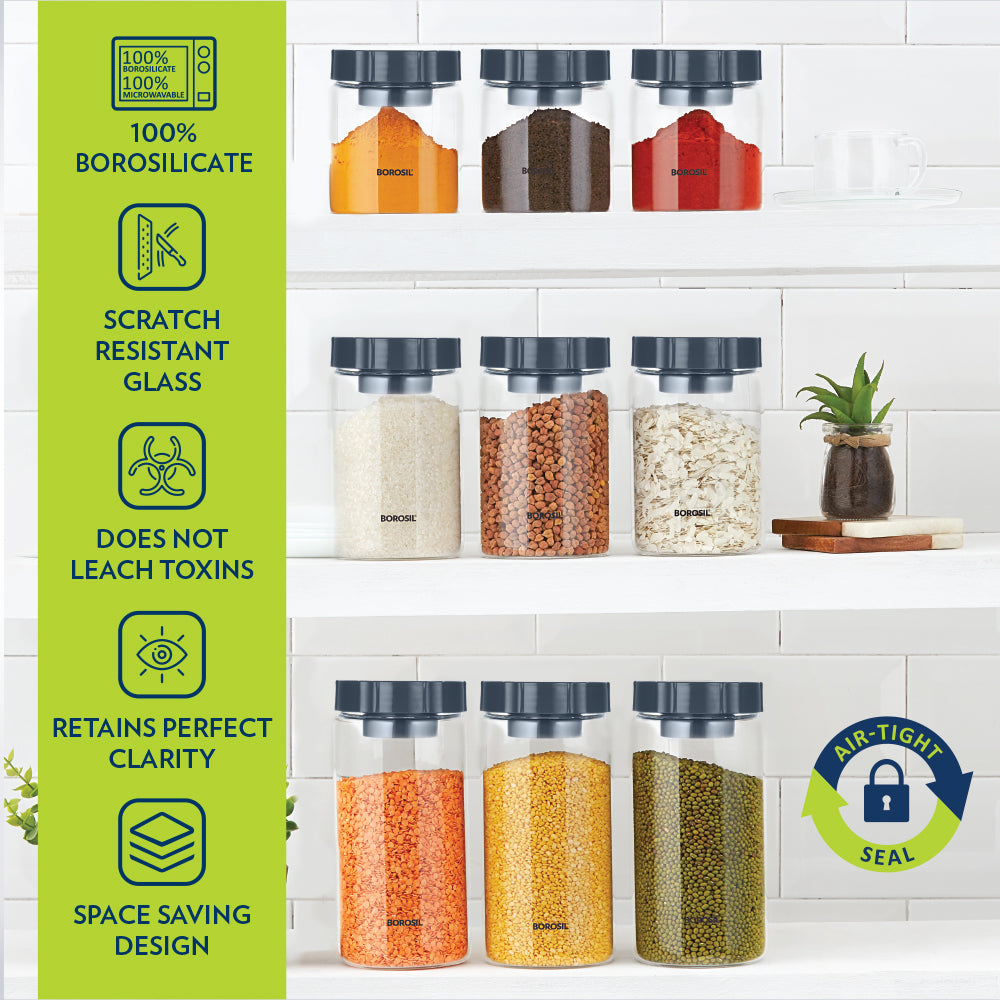 Borosil Endura Easyscoop Airtight Glass Jar with PP Lid Gray , 600 Ml