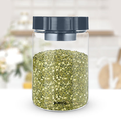 Borosil Endura Easyscoop Airtight Glass Jar with PP Lid Gray , 900 Ml